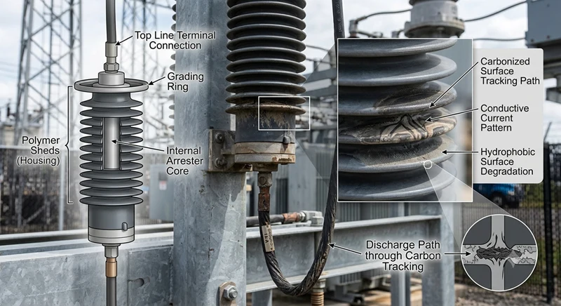 Annotated photograph of a medium voltage arrester showing the ground lead terminal, grading ring, and a close-up of polymer shed tracking marks for illustrative purposes