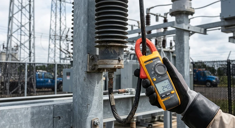 A close-up of a handheld clamp meter recording current on the ground lead of a polymer-housed medium voltage arrester in an outdoor substation